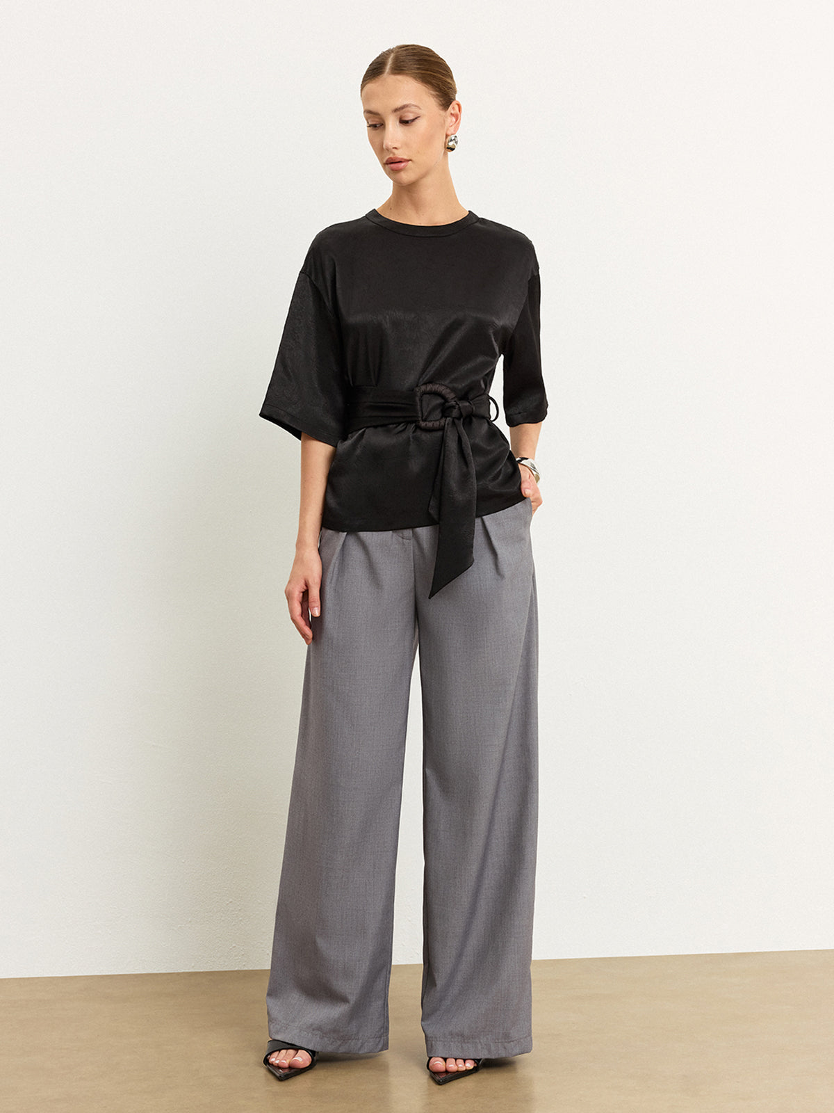 Belted Satin T-Shirt-Chicvia