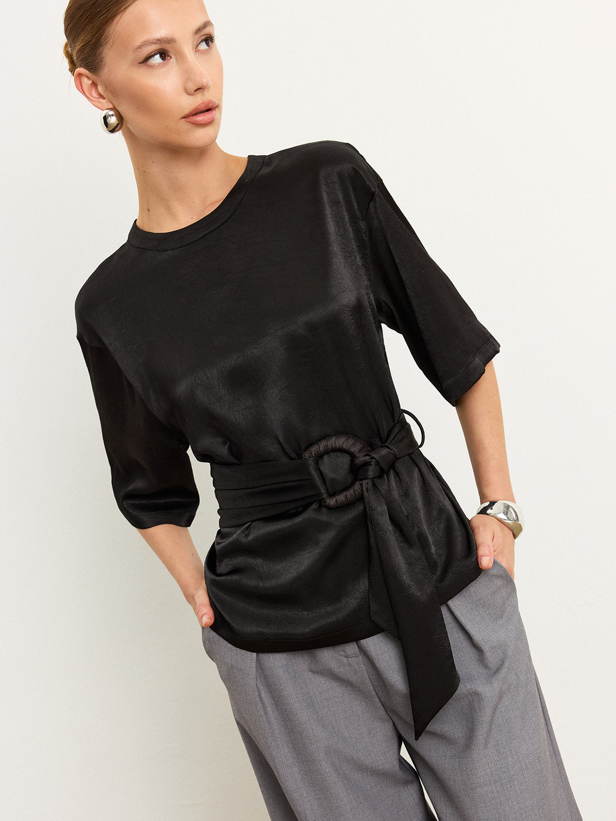 Belted Satin T-Shirt-Chicvia