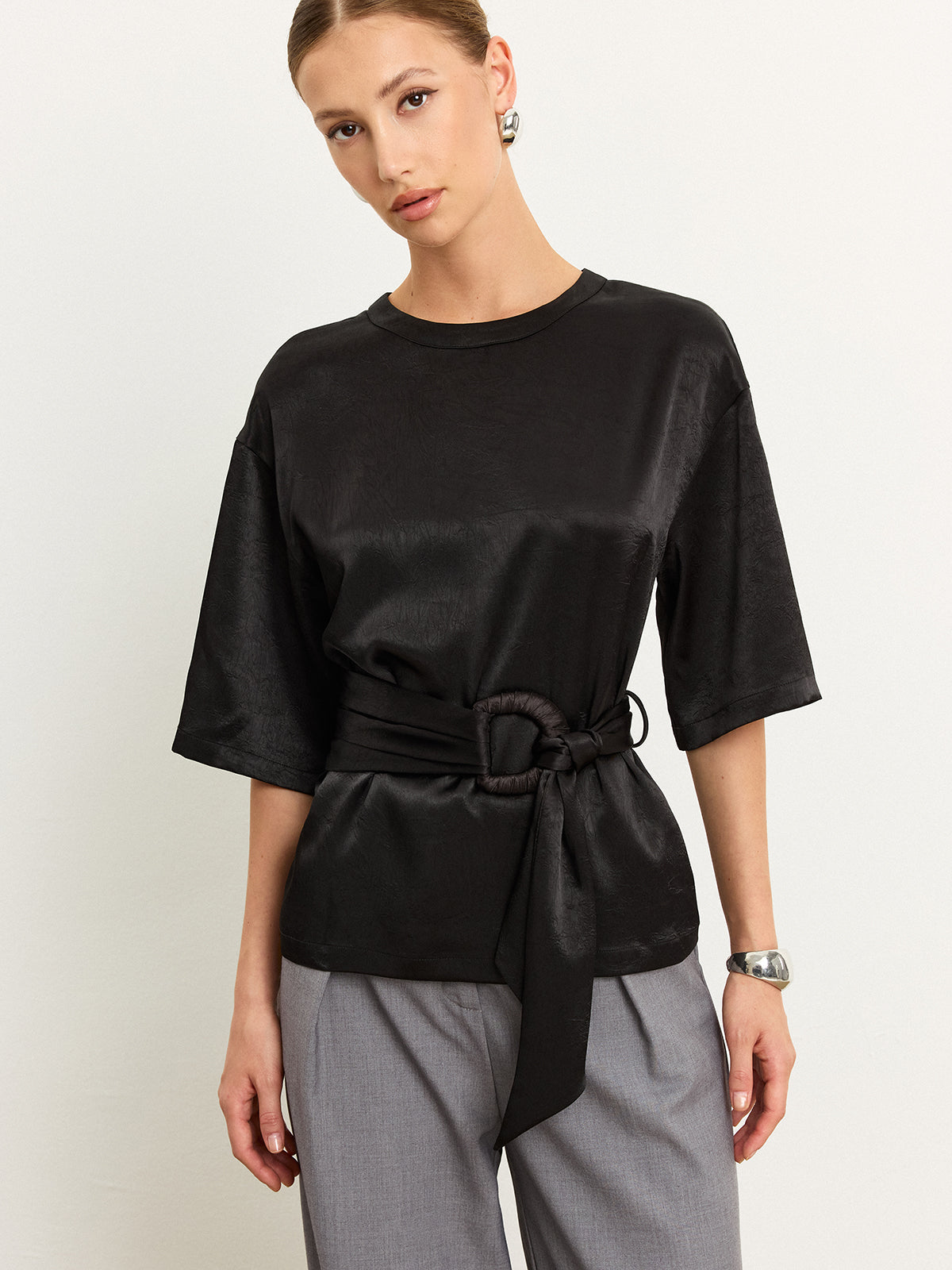 Belted Satin T-Shirt-Chicvia