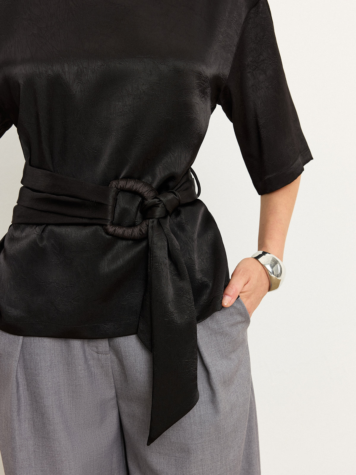 Belted Satin T-Shirt-Chicvia