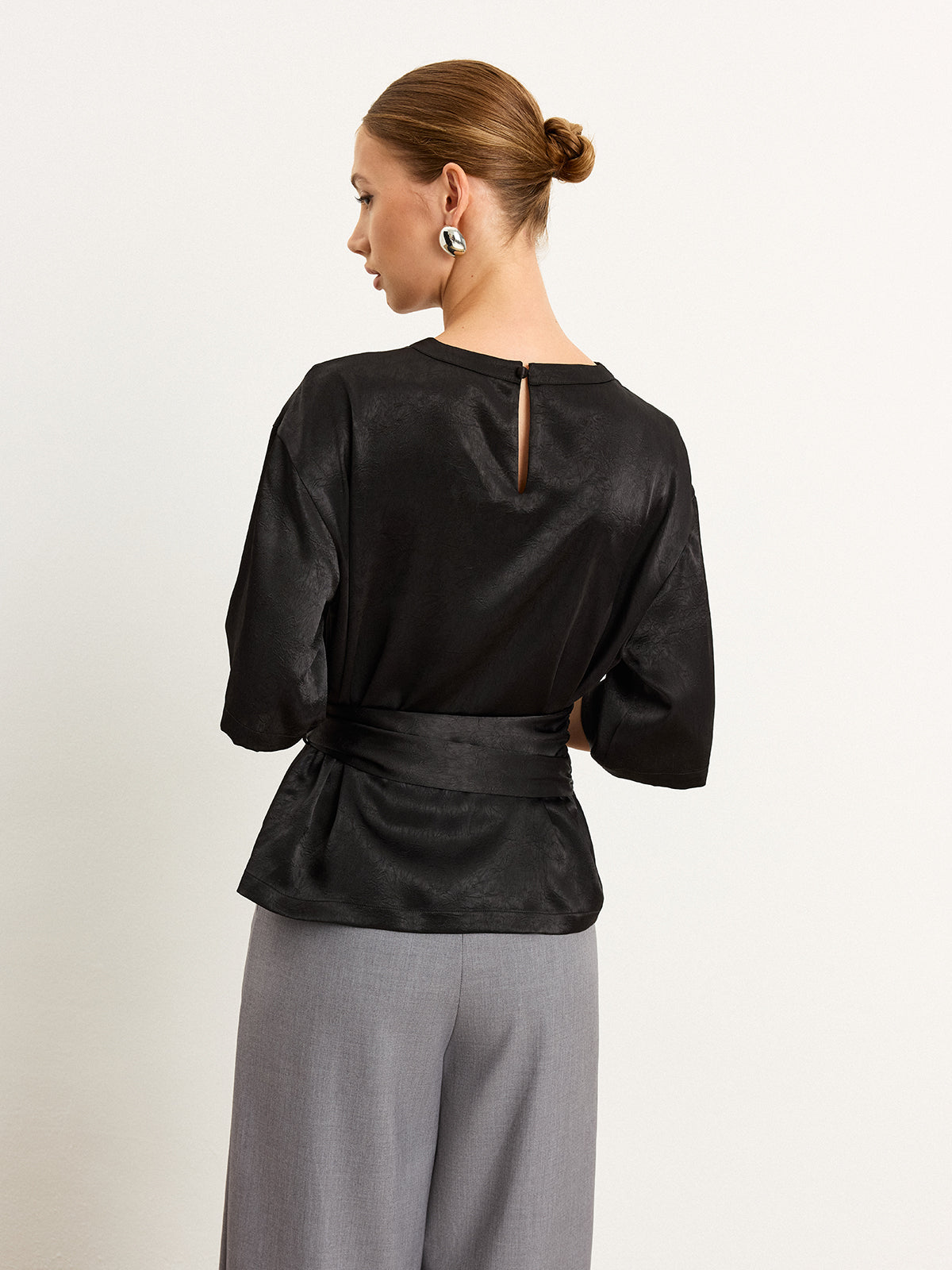 Belted Satin T-Shirt-Chicvia