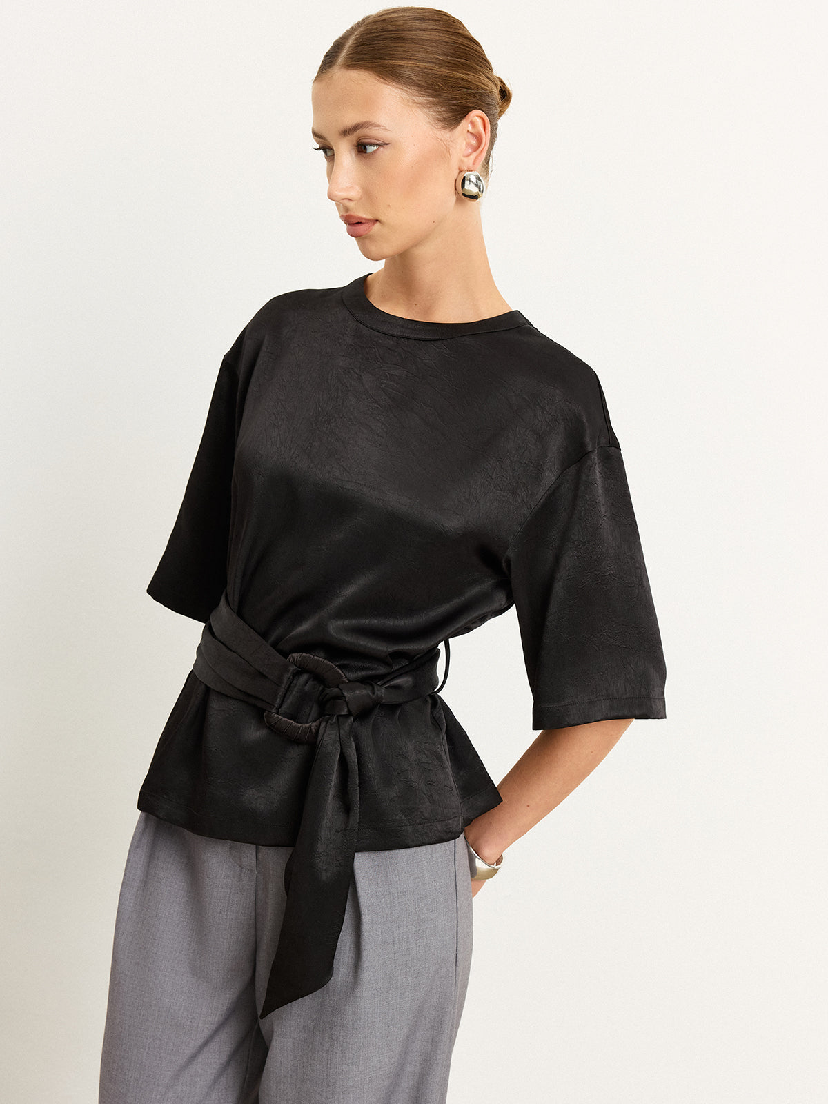 Belted Satin T-Shirt-Chicvia