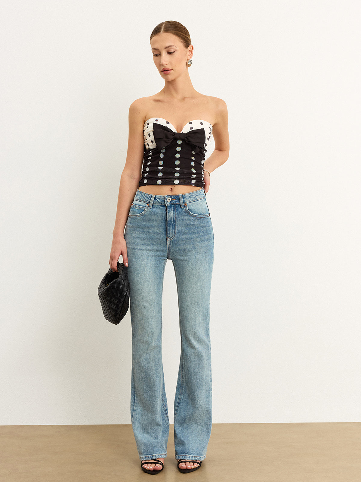 Polka Dot Bow Strapless Top-Chicvia