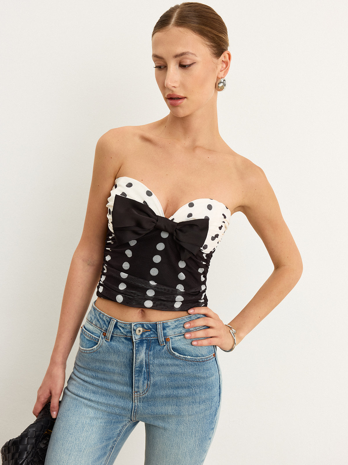 Polka Dot Bow Strapless Top-Chicvia