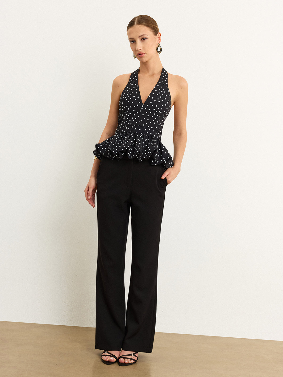 Polka Dot Halter Peplum Top-Chicvia