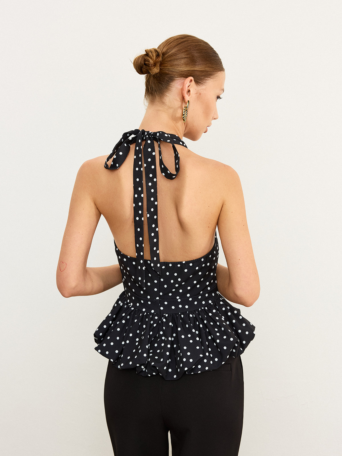 Polka Dot Halter Peplum Top-Chicvia
