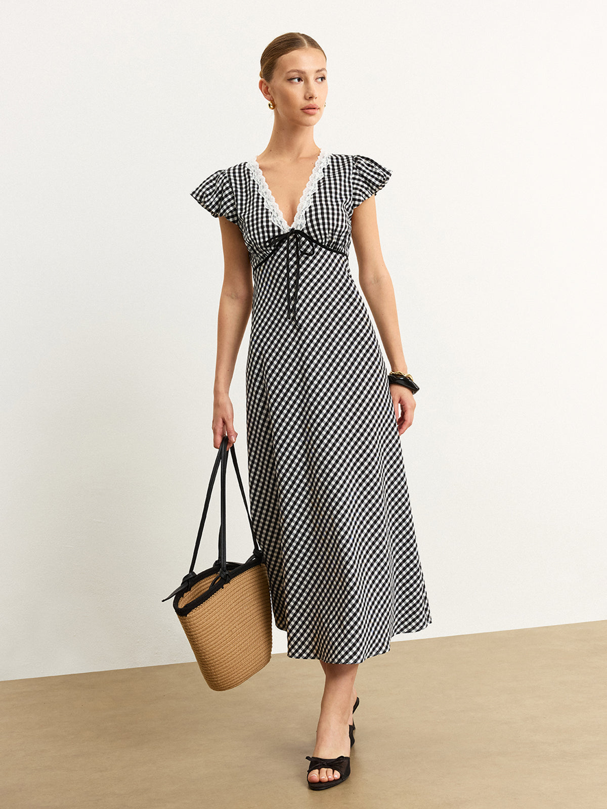 Gingham Lace-Trimmed Midi Dress-Chicvia