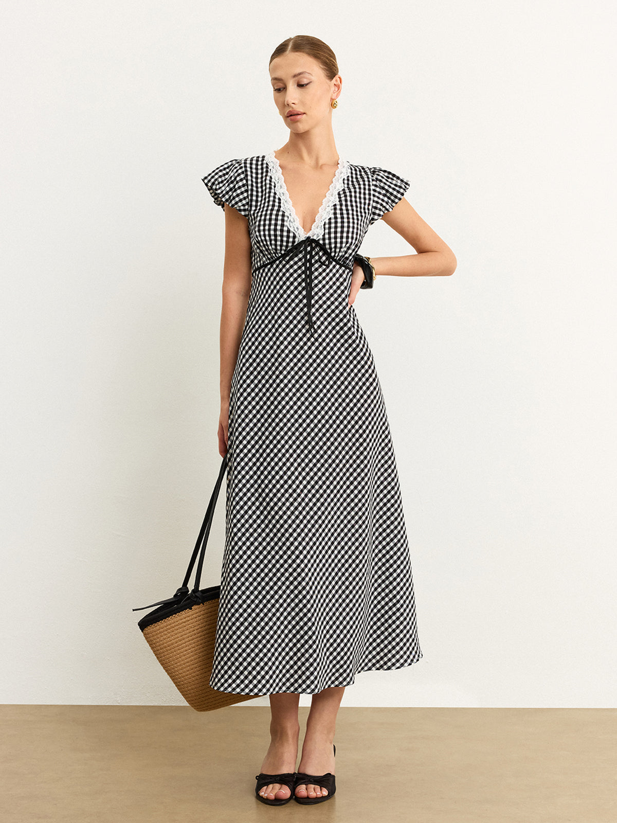 Gingham Lace-Trimmed Midi Dress-Chicvia