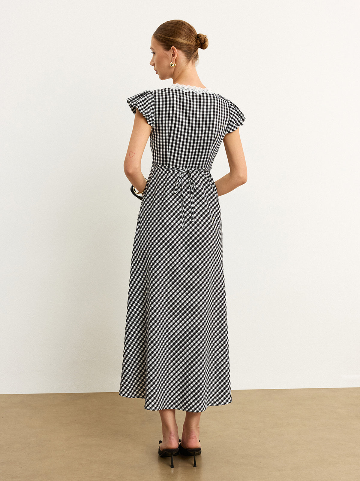 Gingham Lace-Trimmed Midi Dress-Chicvia