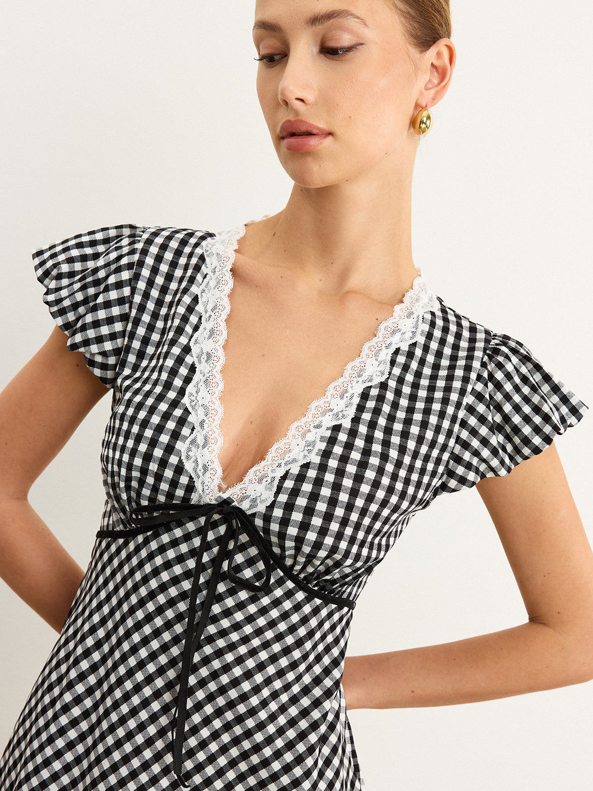 Gingham Lace-Trimmed Midi Dress-Chicvia