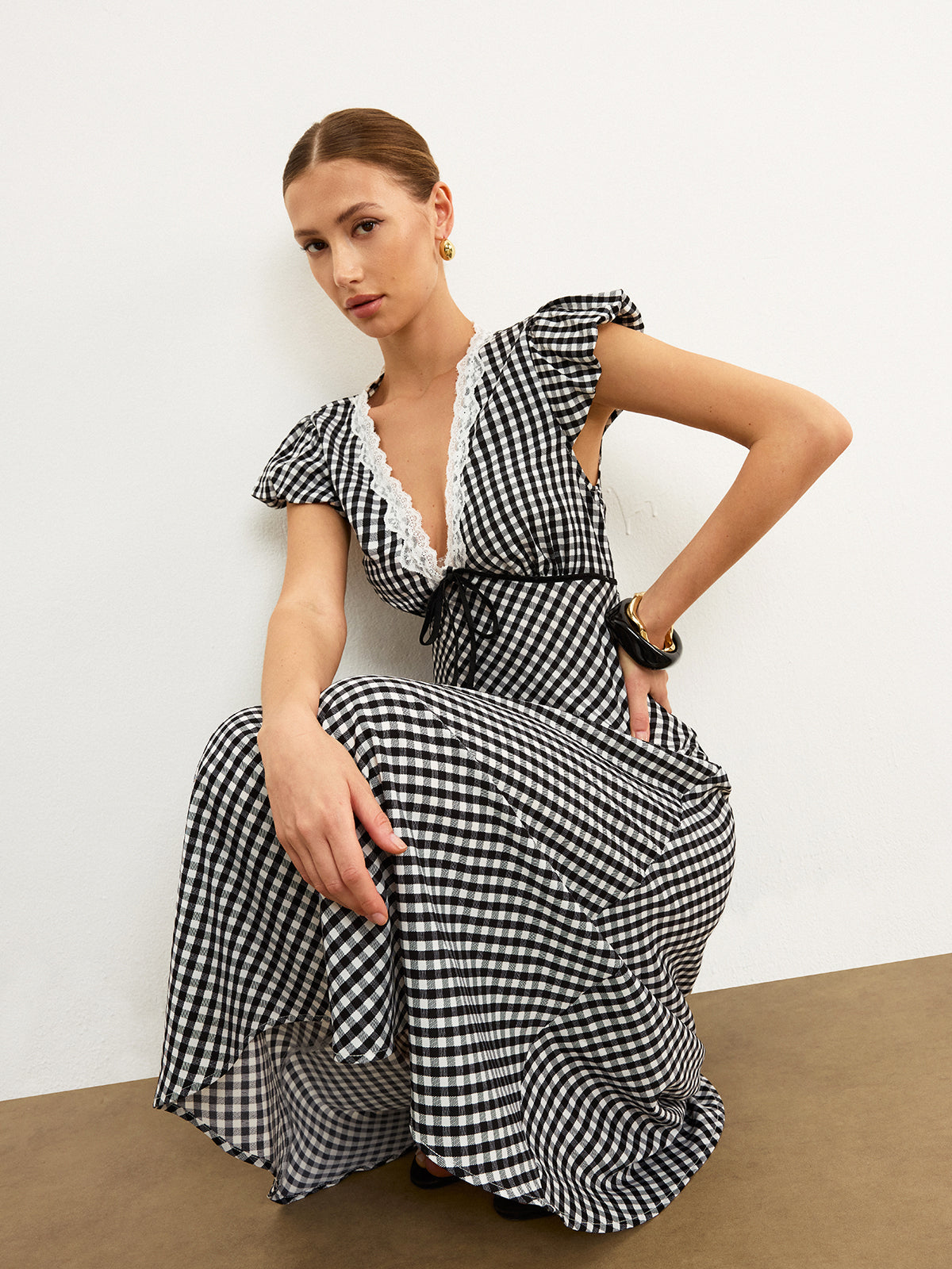 Gingham Lace-Trimmed Midi Dress-Chicvia