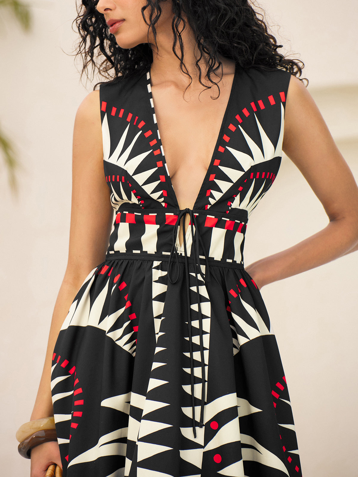 Geometric Graphic V-Neck Tie-Waist Zipper Sleeveless Dress-Chicvia