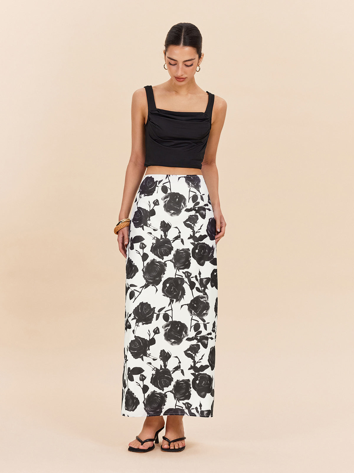 Floral Print Back Slit Skirt-Chicvia