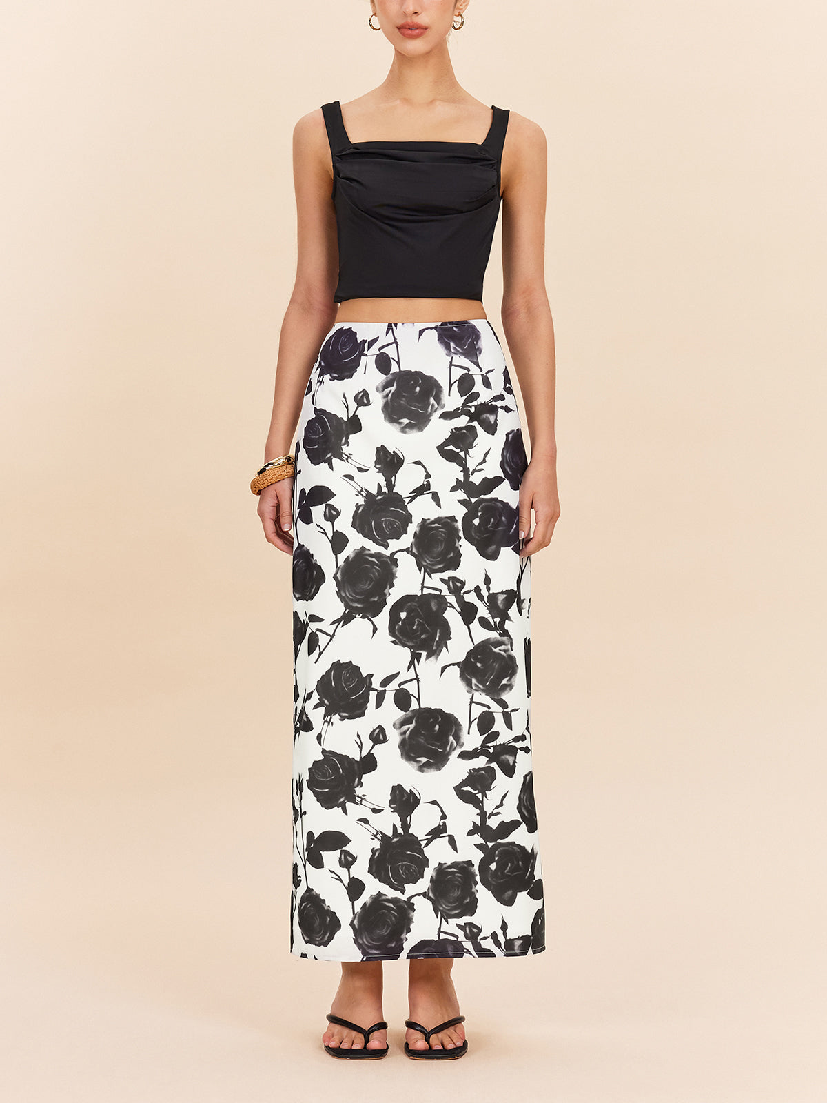 Floral Print Back Slit Skirt-Chicvia
