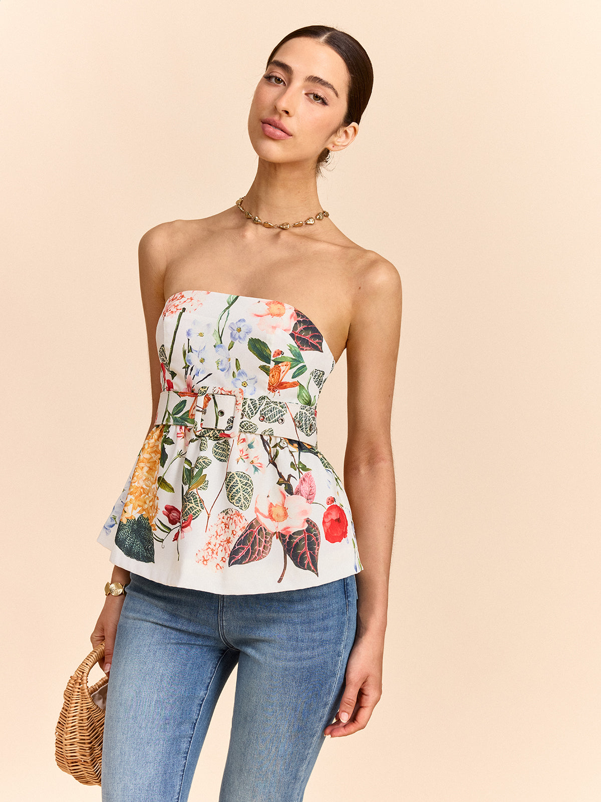 Floral Print Strapless Peplum Top With Belt-Chicvia