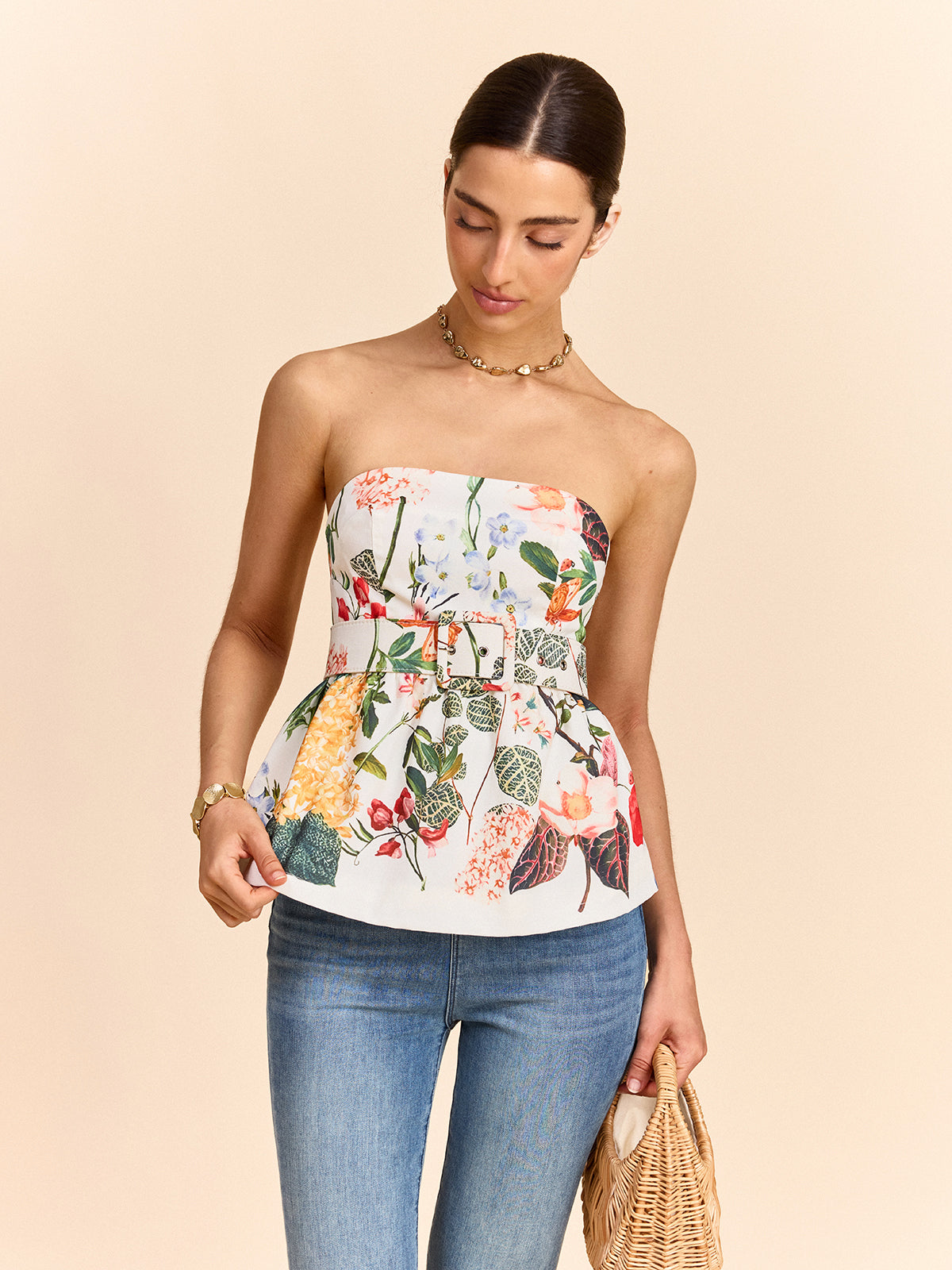 Floral Print Strapless Peplum Top With Belt-Chicvia
