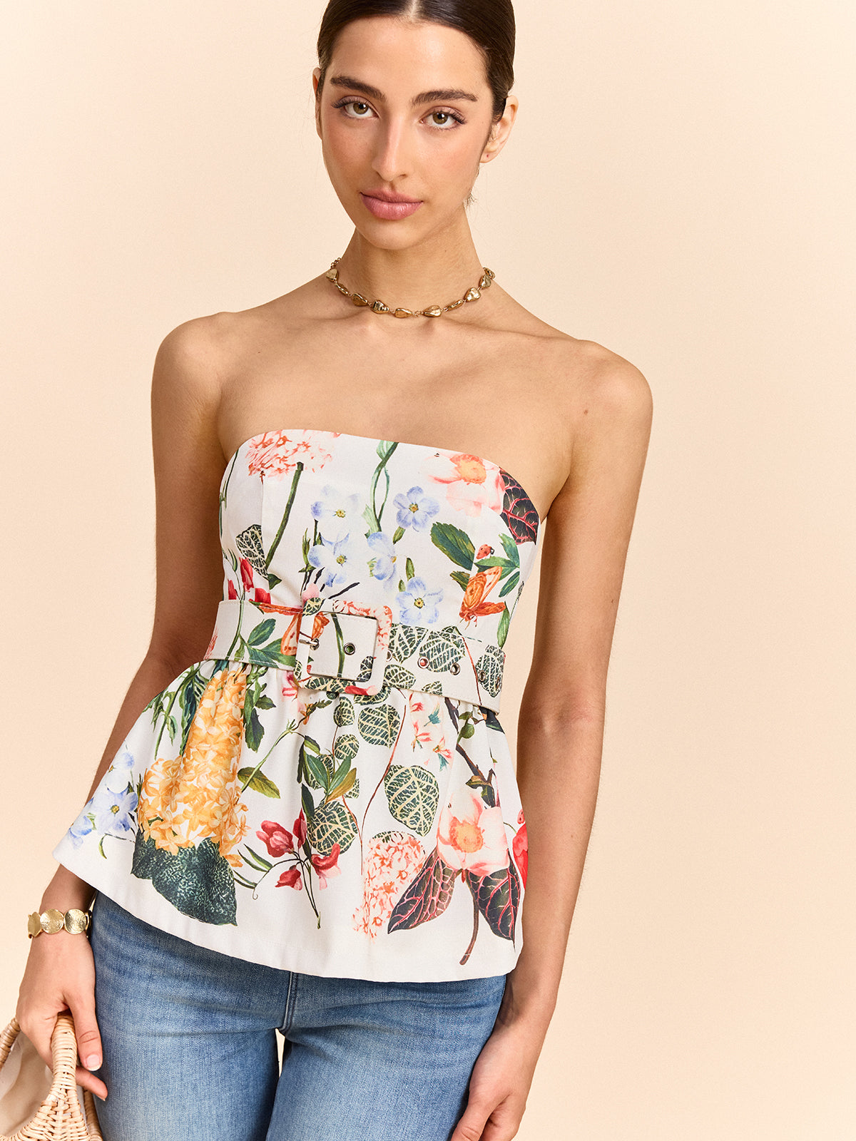 Floral Print Strapless Peplum Top With Belt-Chicvia