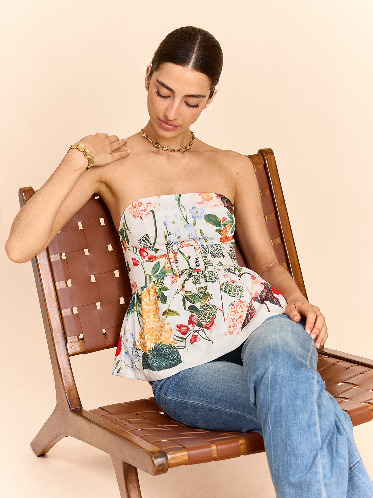 Floral Print Strapless Peplum Top With Belt-Chicvia