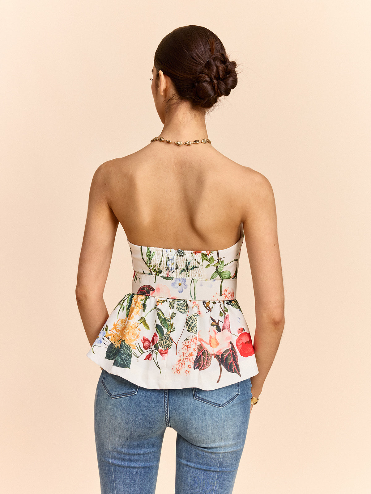 Floral Print Strapless Peplum Top With Belt-Chicvia
