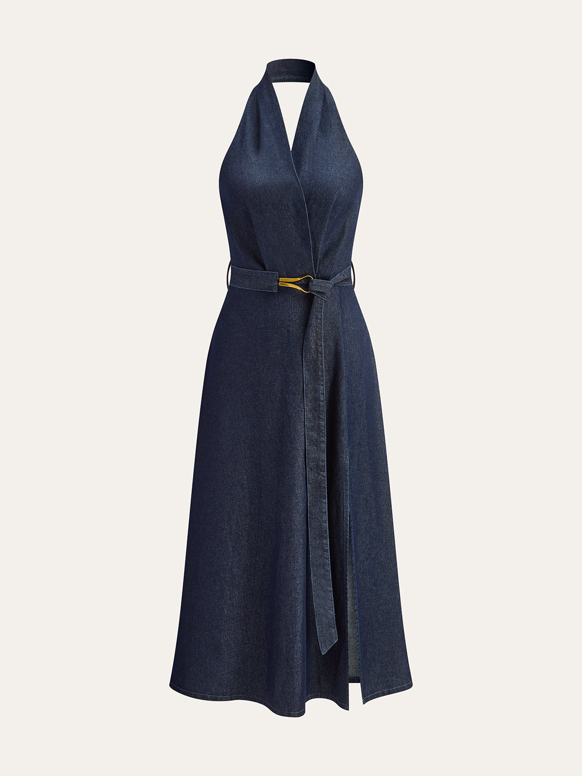 Denim Belted Halter Neck Midi Dress-Chicvia