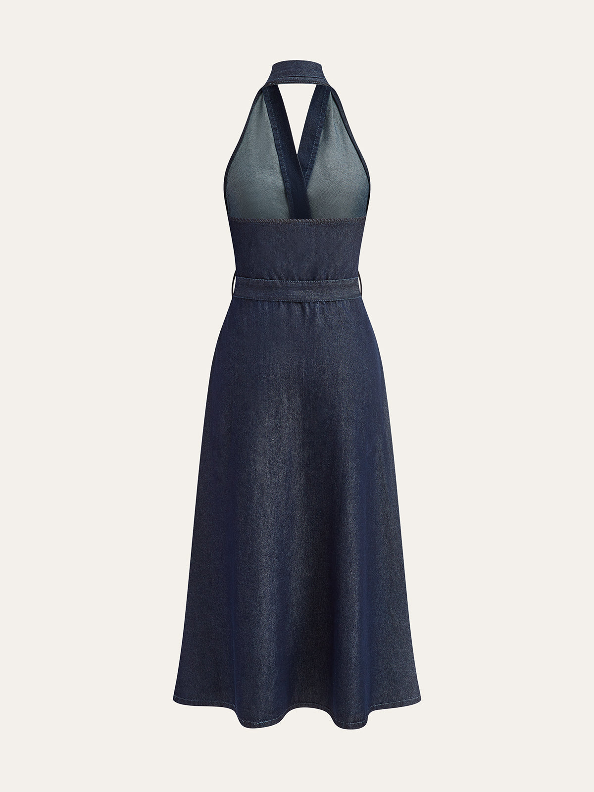 Denim Belted Halter Neck Midi Dress-Chicvia