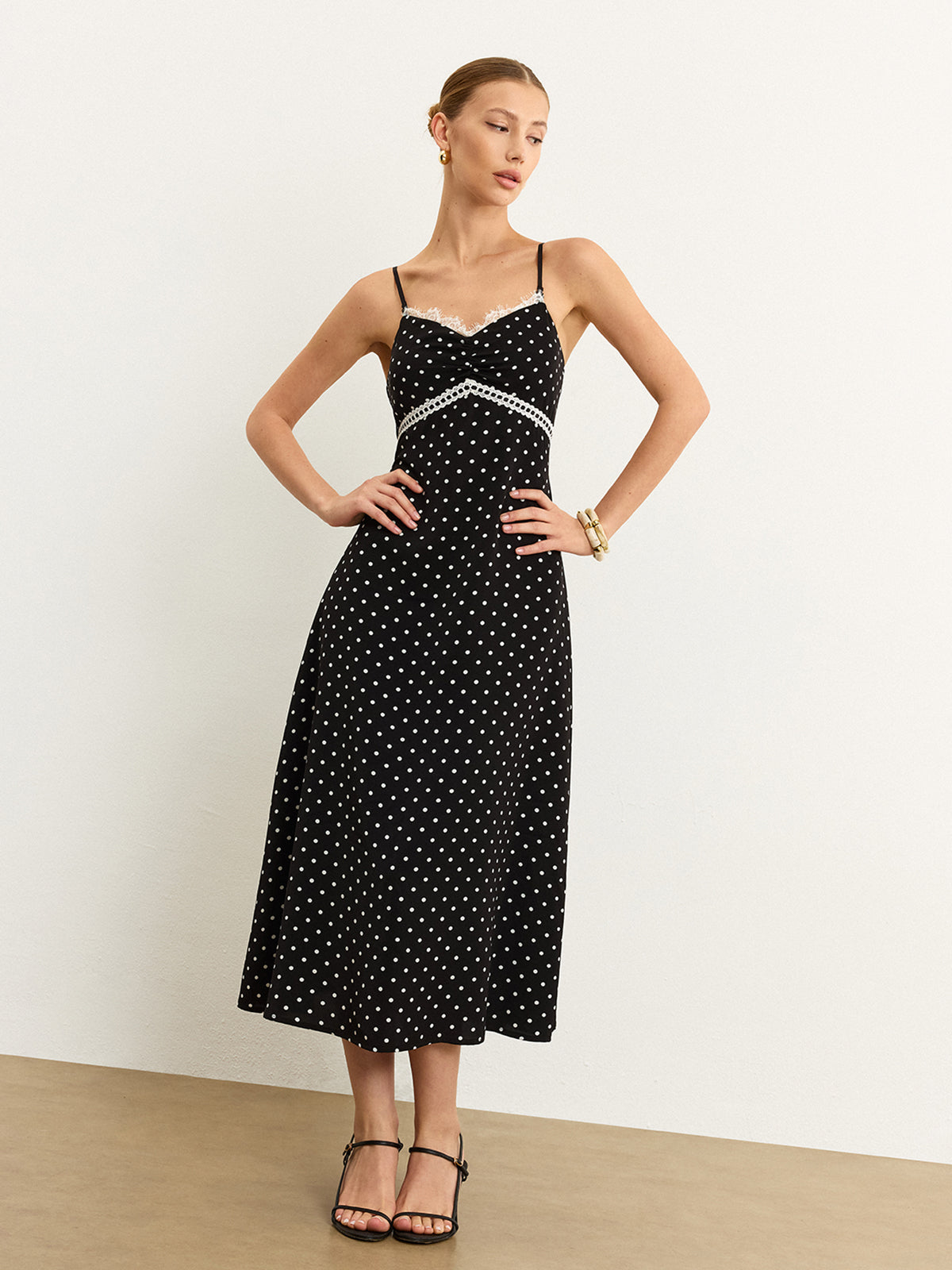 Polka Dot Lace Trim Midi Dress-Chicvia