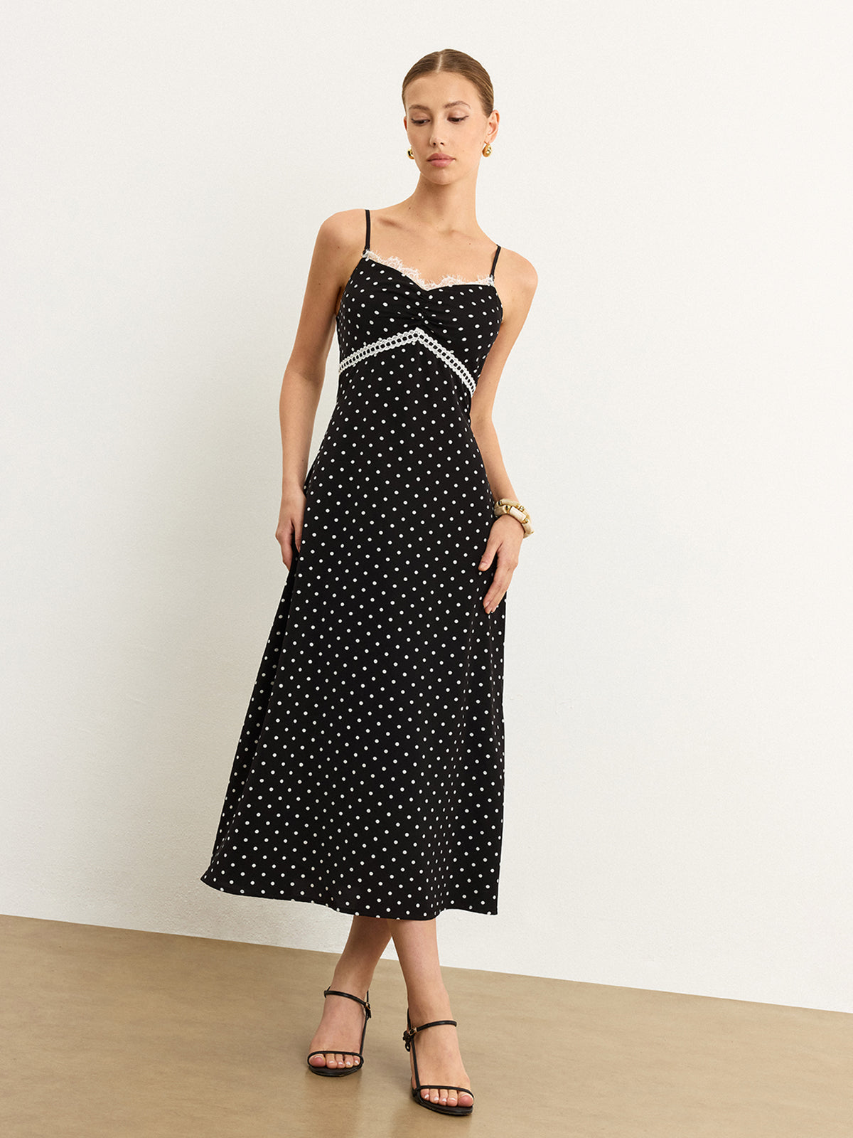 Polka Dot Lace Trim Midi Dress-Chicvia