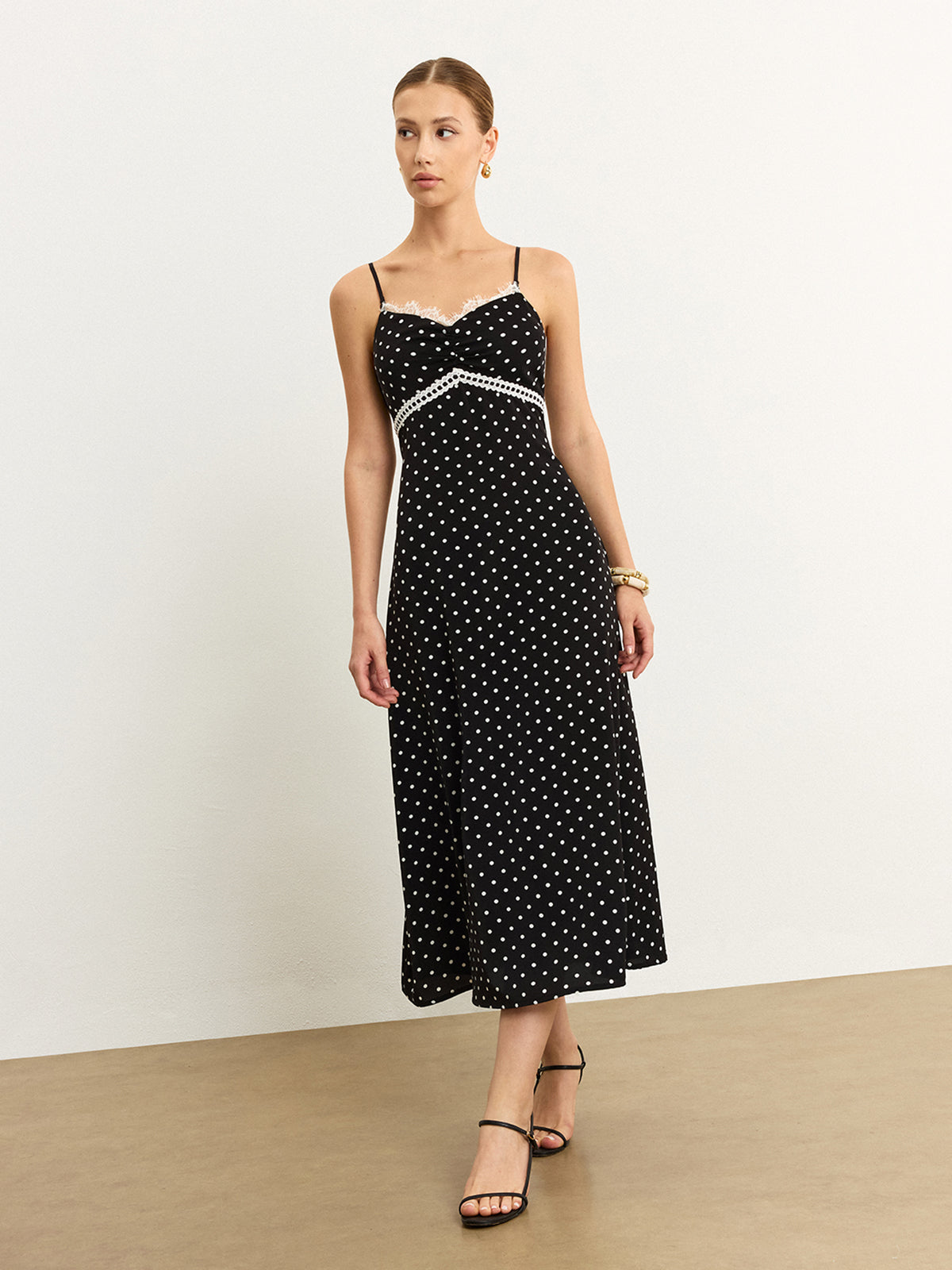 Polka Dot Lace Trim Midi Dress-Chicvia