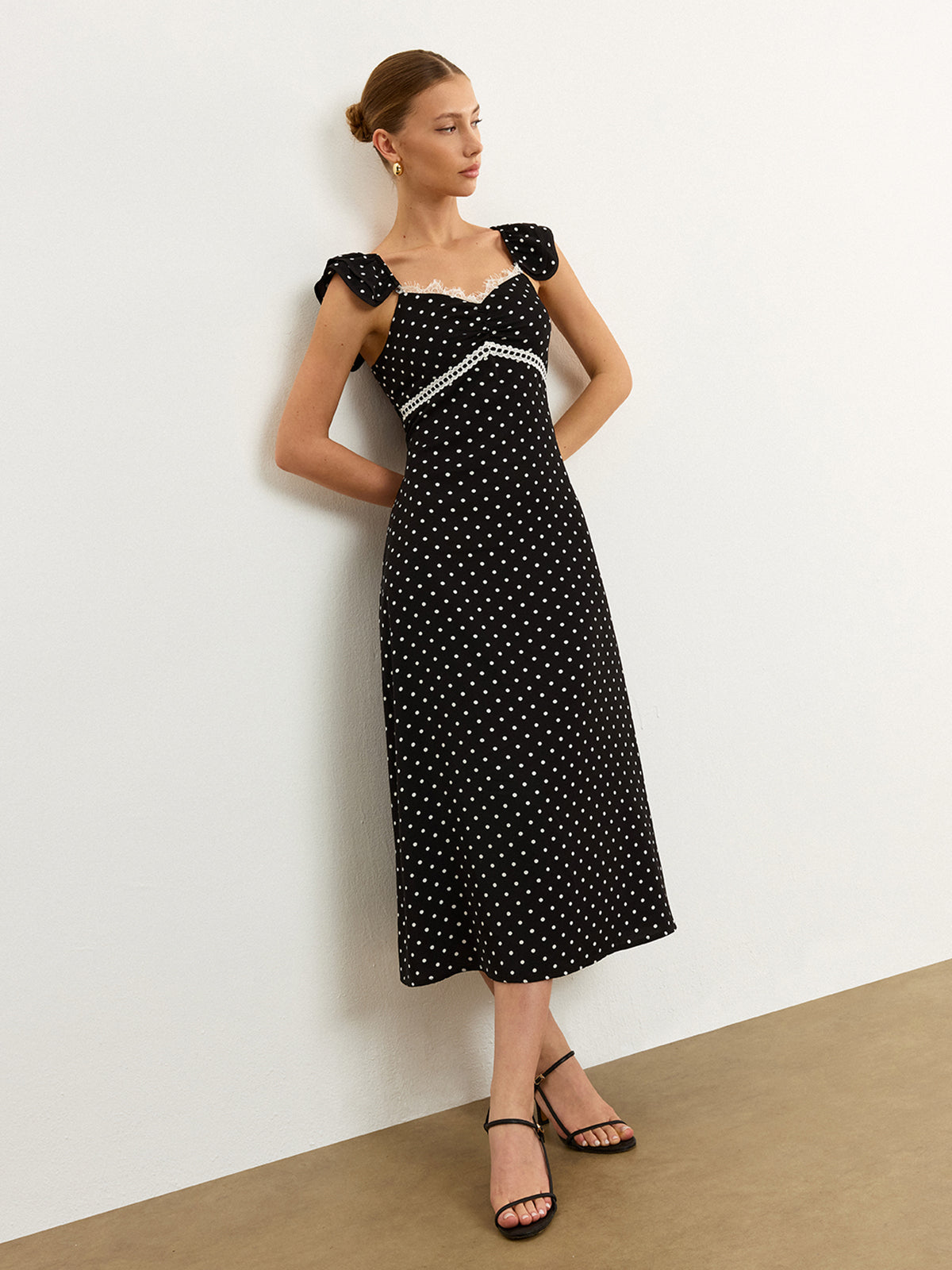 Polka Dot Lace Trim Midi Dress-Chicvia