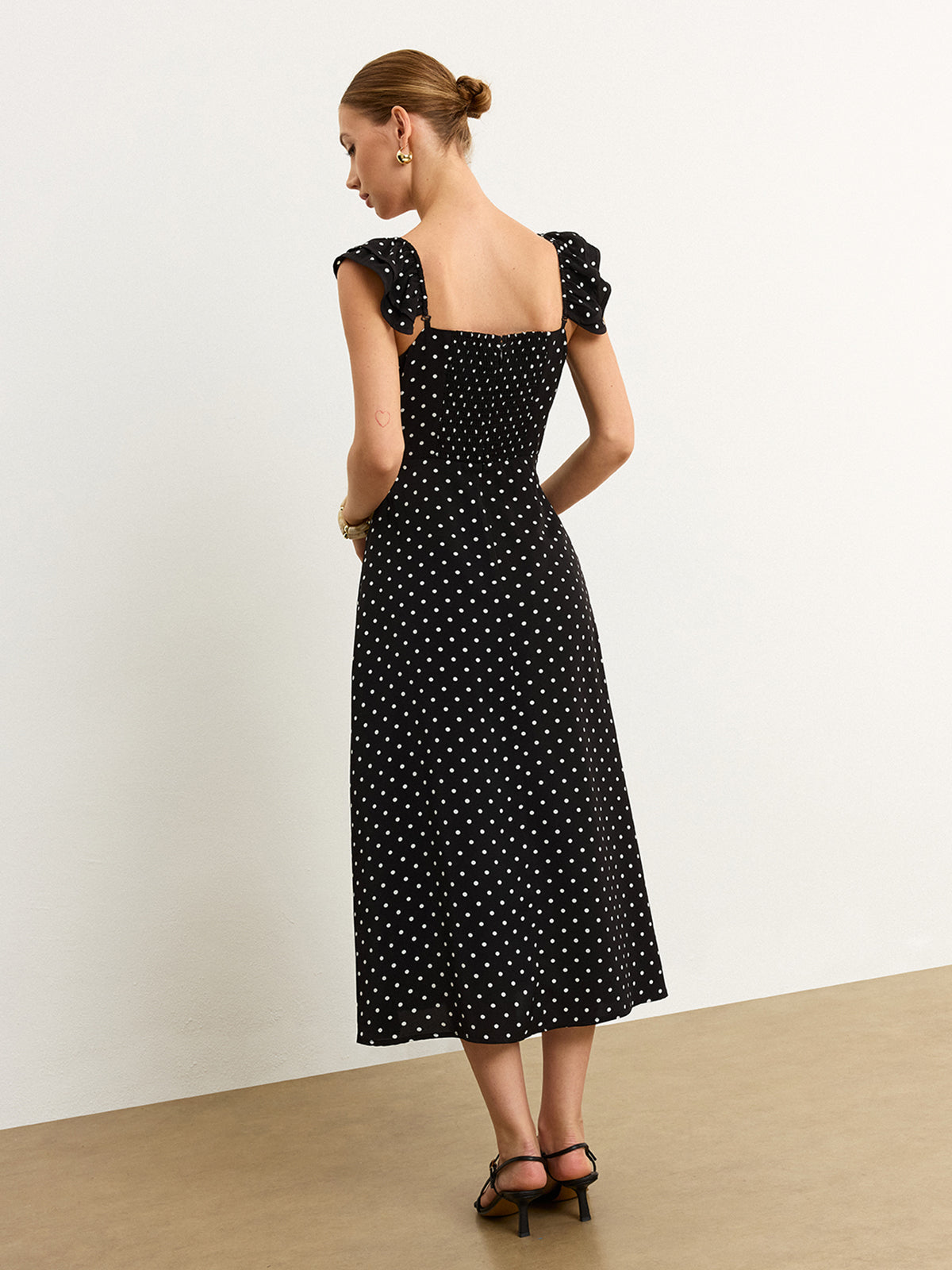 Polka Dot Lace Trim Midi Dress-Chicvia