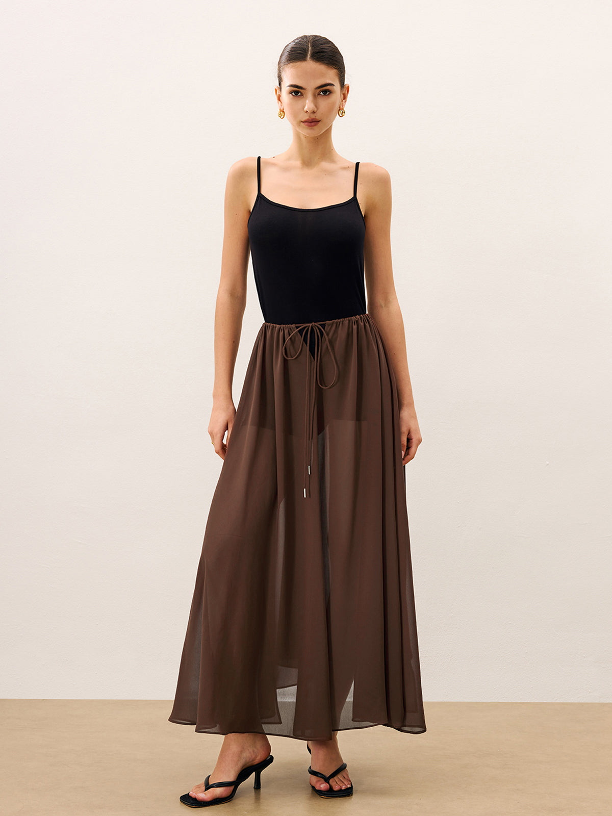 Cape-Style Semi Sheer Chiffon Blouse With Tie Detail-Chicvia