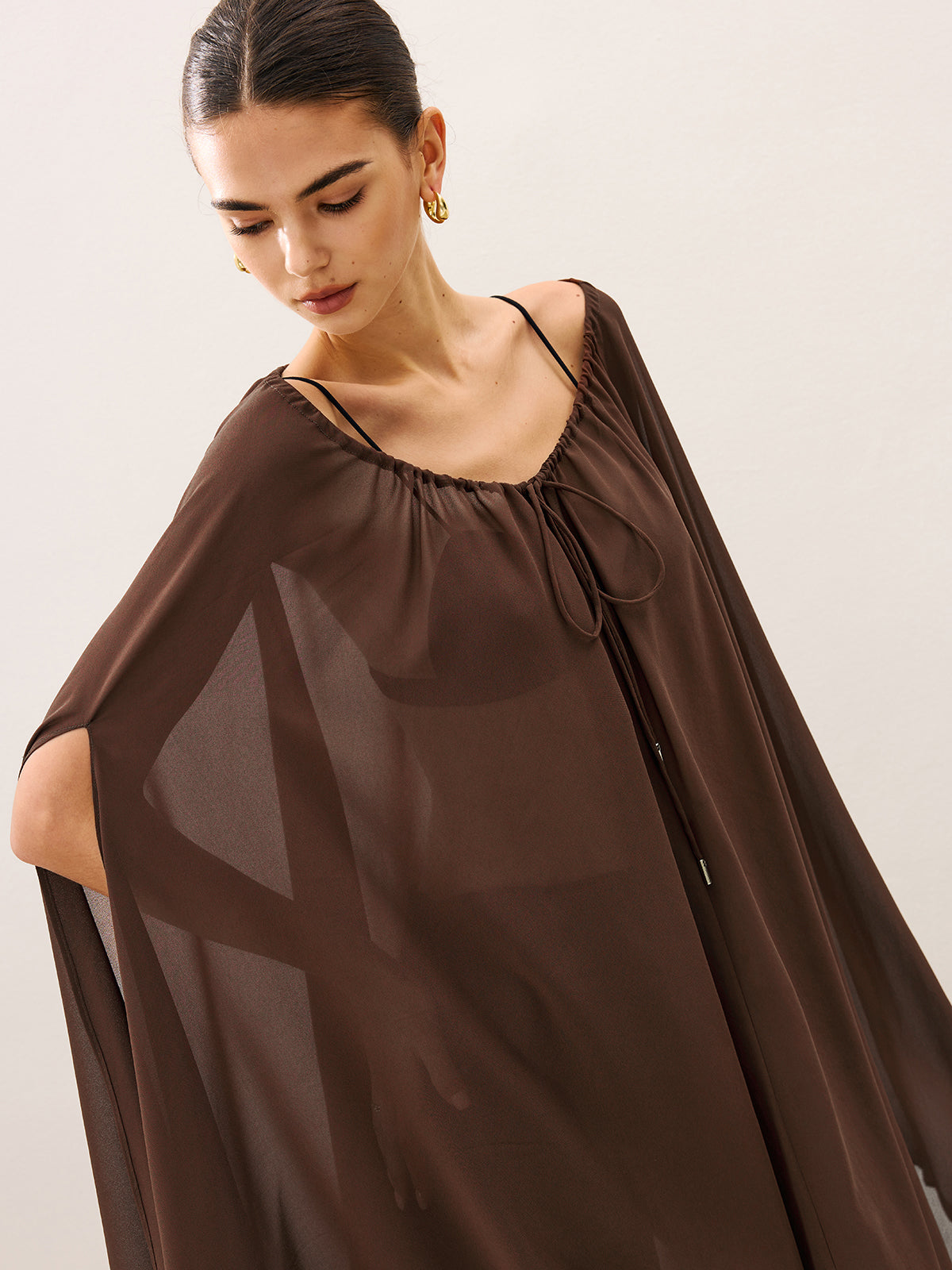 Cape-Style Semi Sheer Chiffon Blouse With Tie Detail-Chicvia