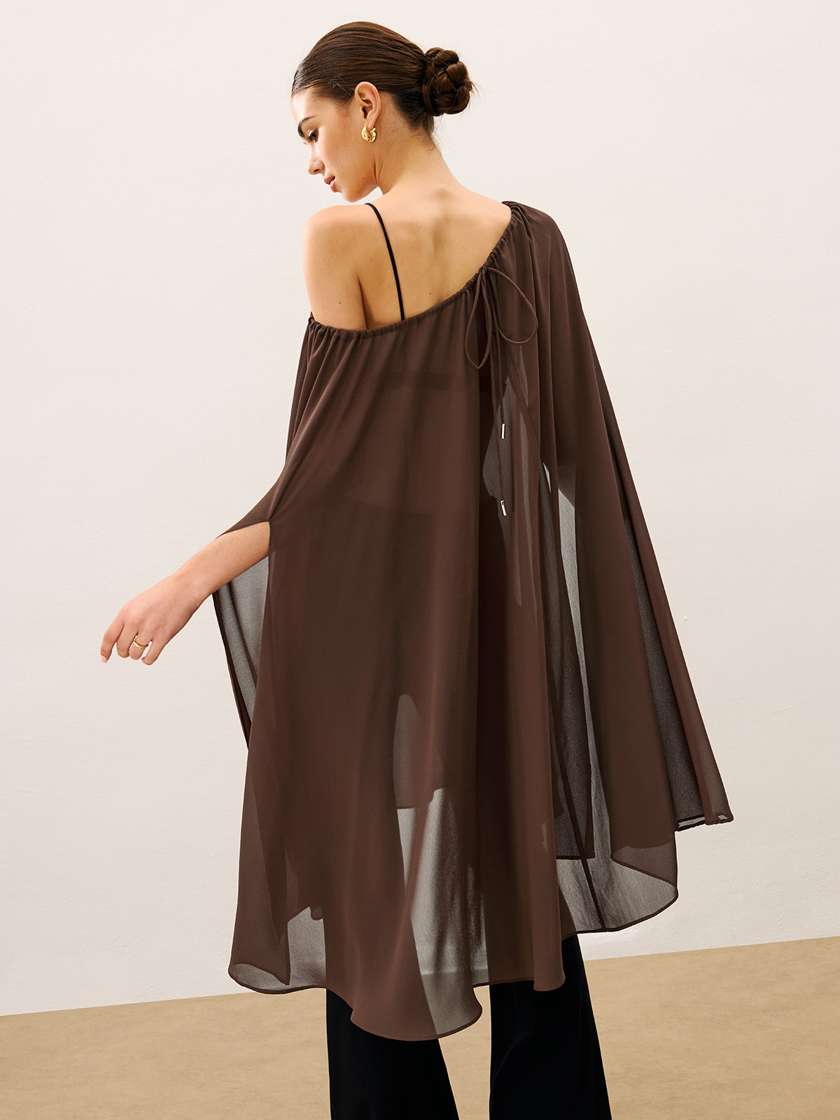 Cape-Style Semi Sheer Chiffon Blouse With Tie Detail-Chicvia