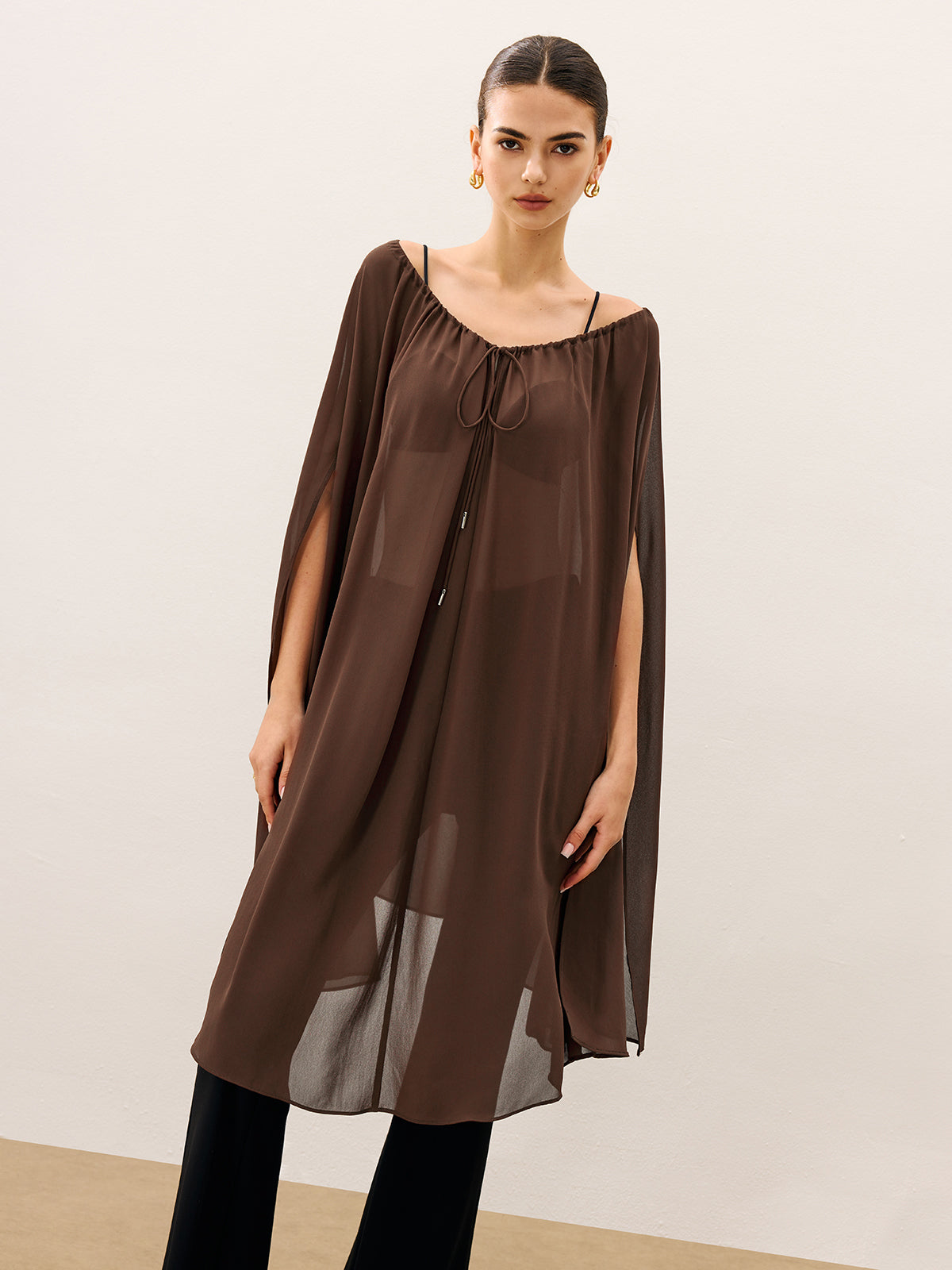 Cape-Style Semi Sheer Chiffon Blouse With Tie Detail-Chicvia