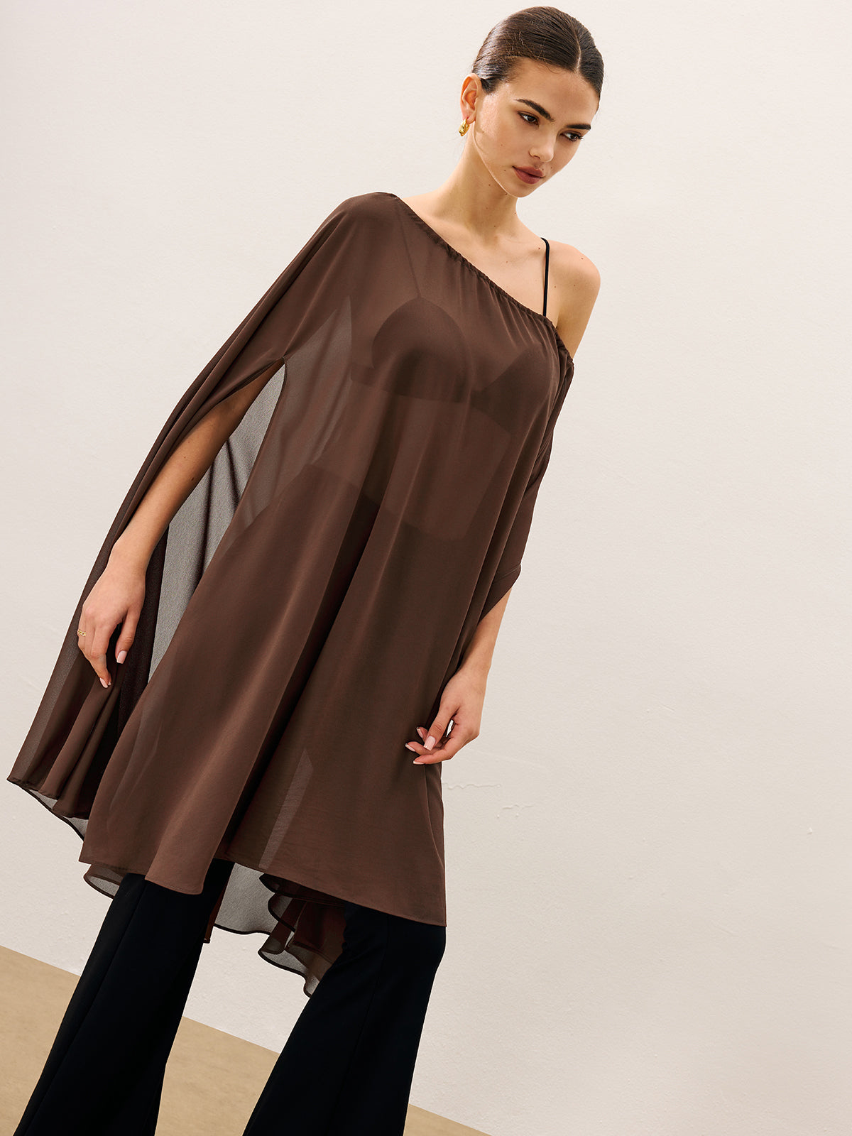 Cape-Style Semi Sheer Chiffon Blouse With Tie Detail-Chicvia