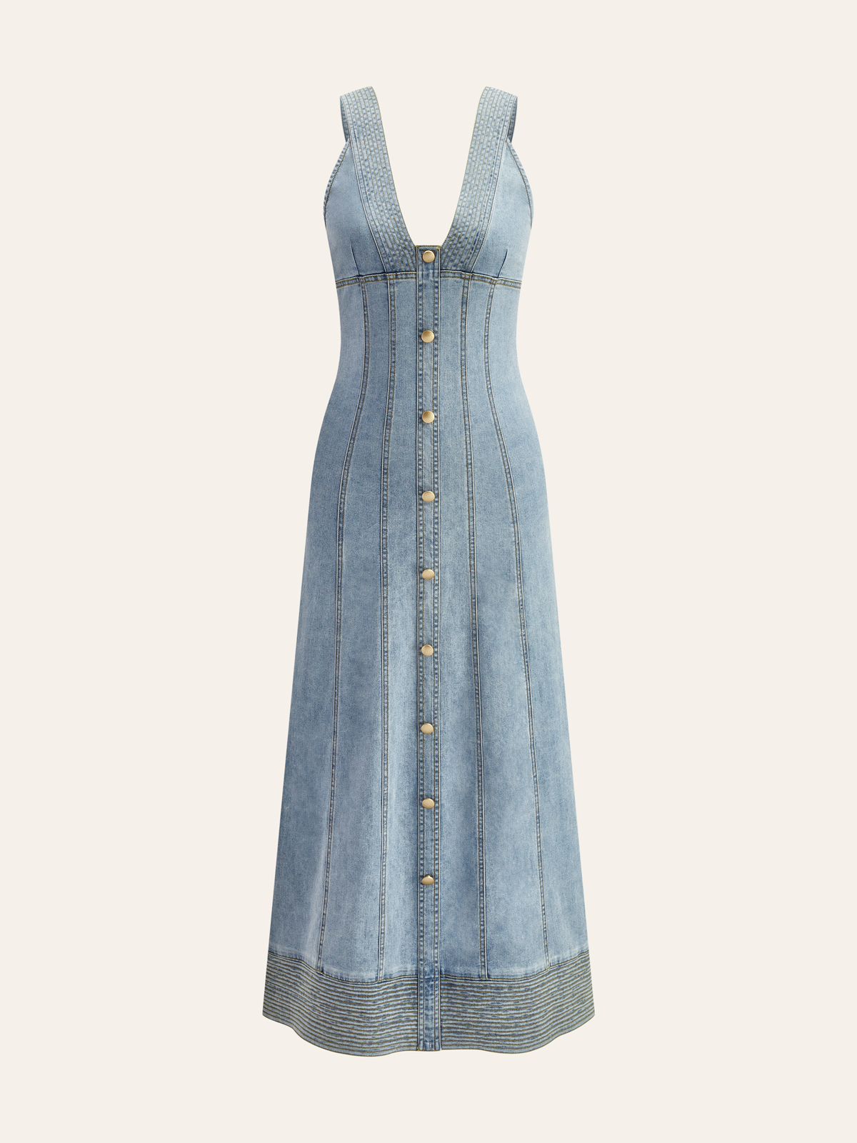 Button-Front Denim Sleeveless Dress-Chicvia