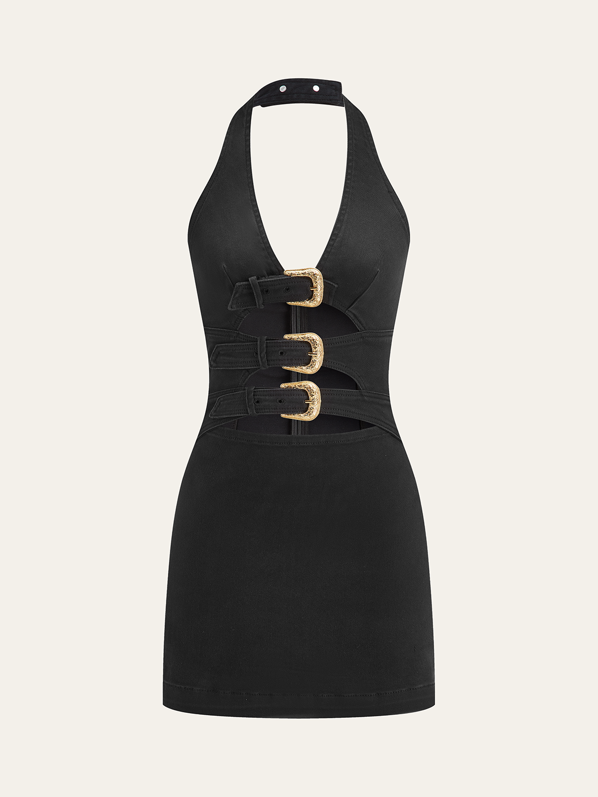 Halter Neck Buckle Detail Denim Dress-Chicvia