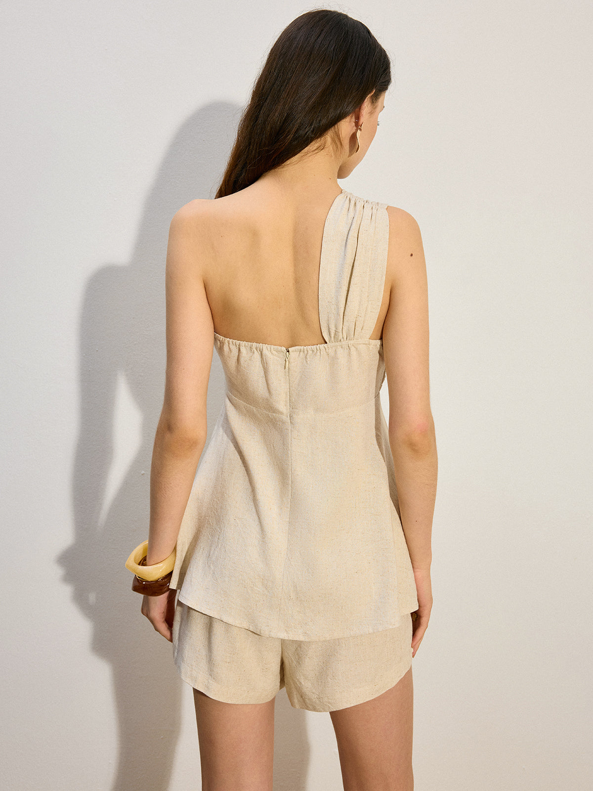 One-Shoulder Linen & Cotton Shorts Set-Chicvia