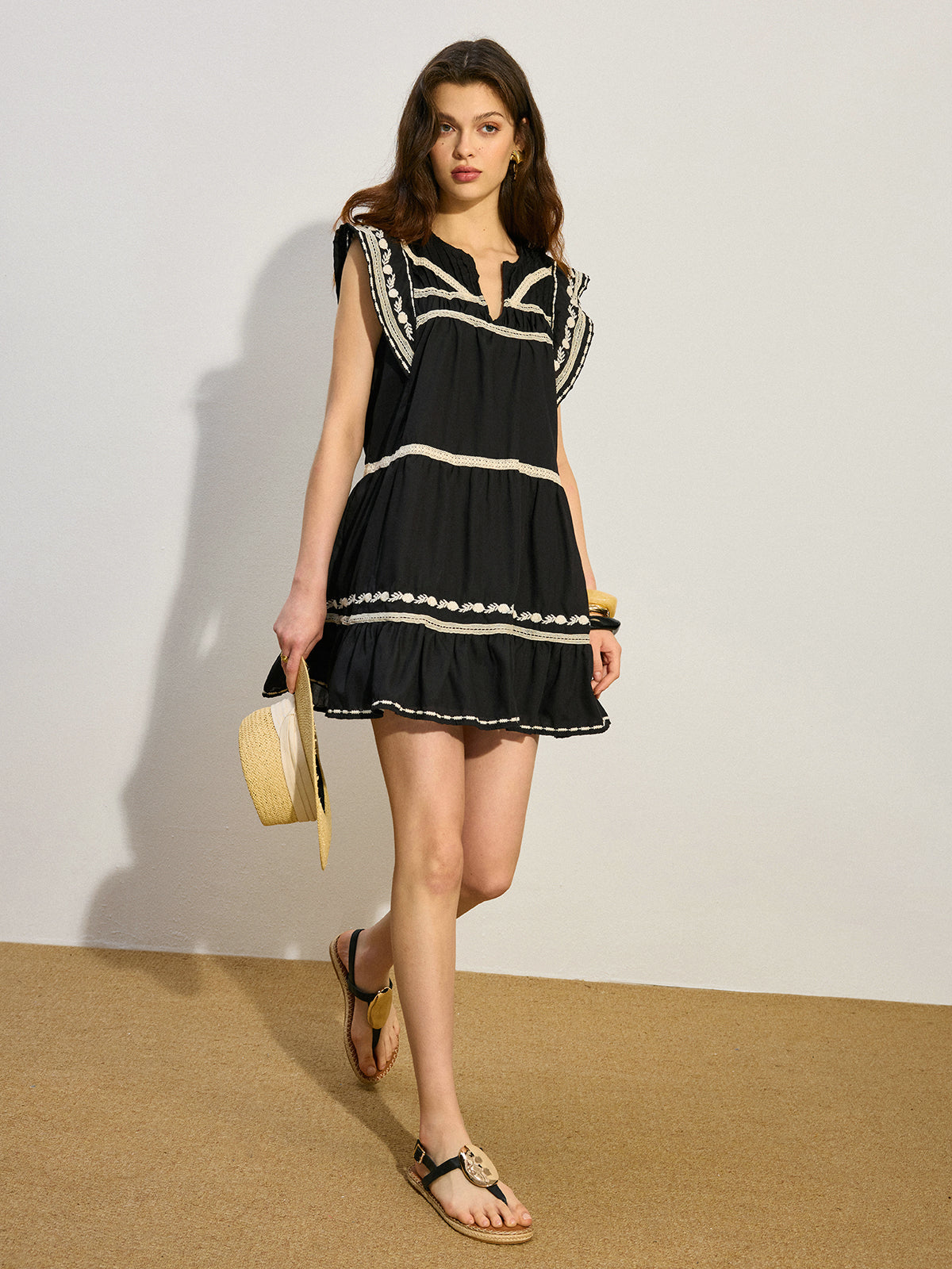 Embroidered Mini Dress with Ruffle Hem-Chicvia