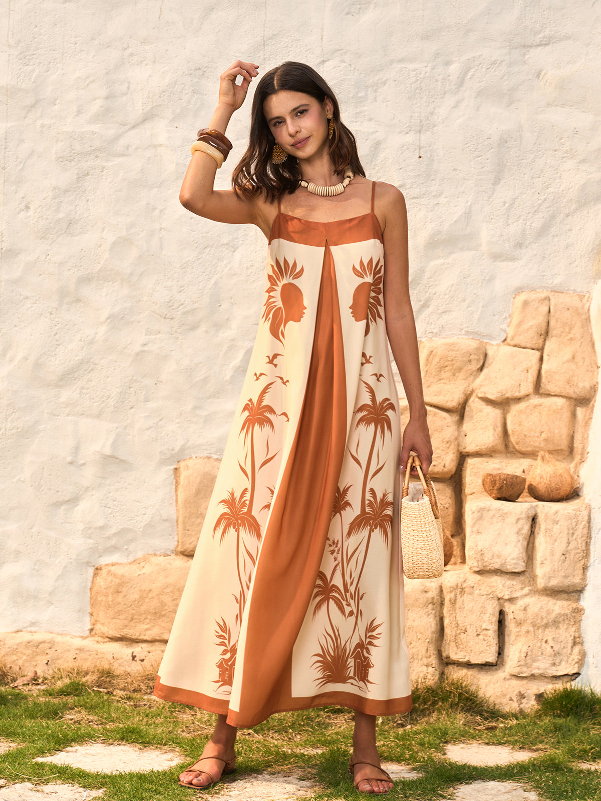 Contrast Panel Boho Print Cami Dress-Chicvia