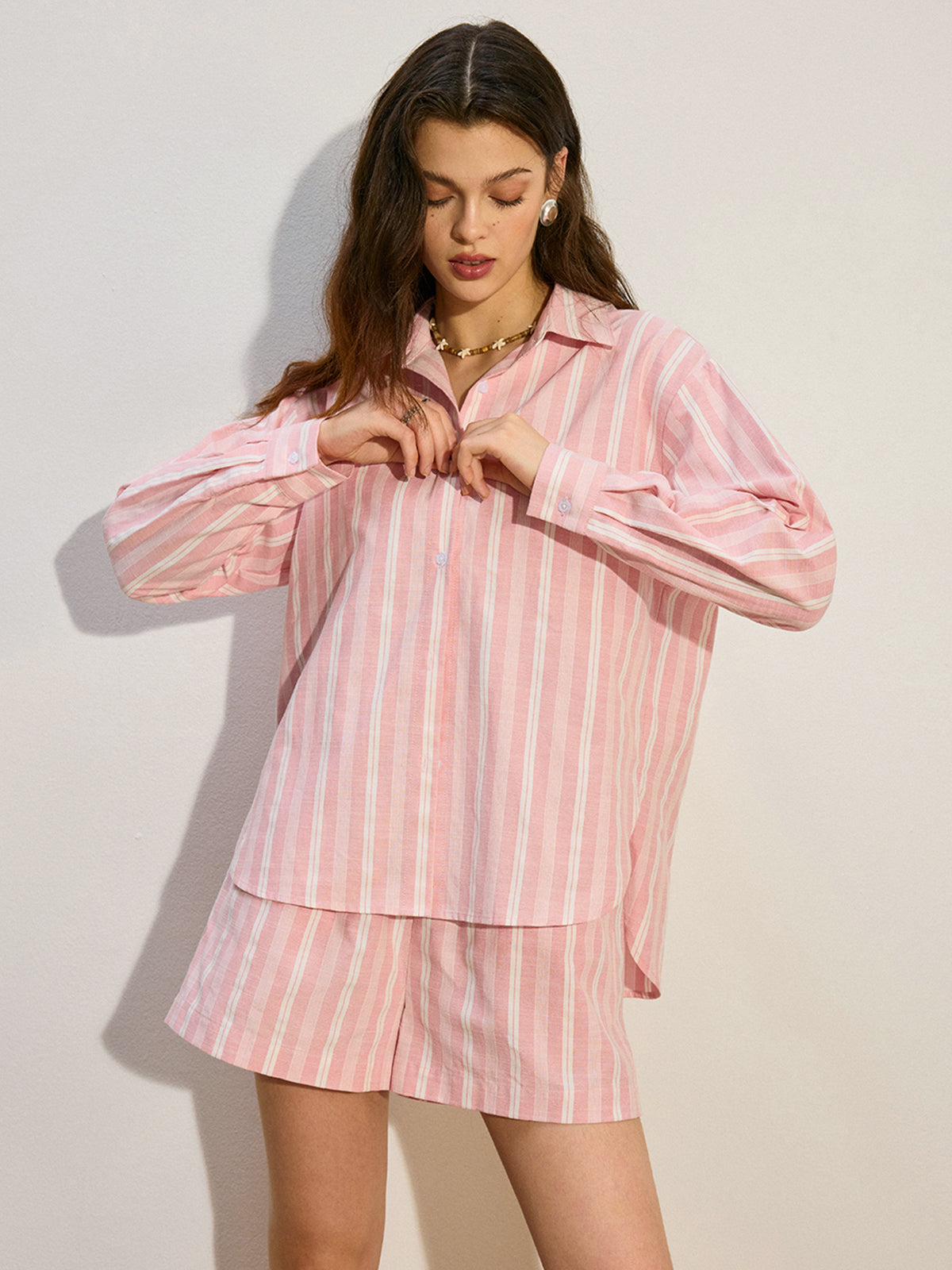 Oversized Striped Shorts Set-Chicvia