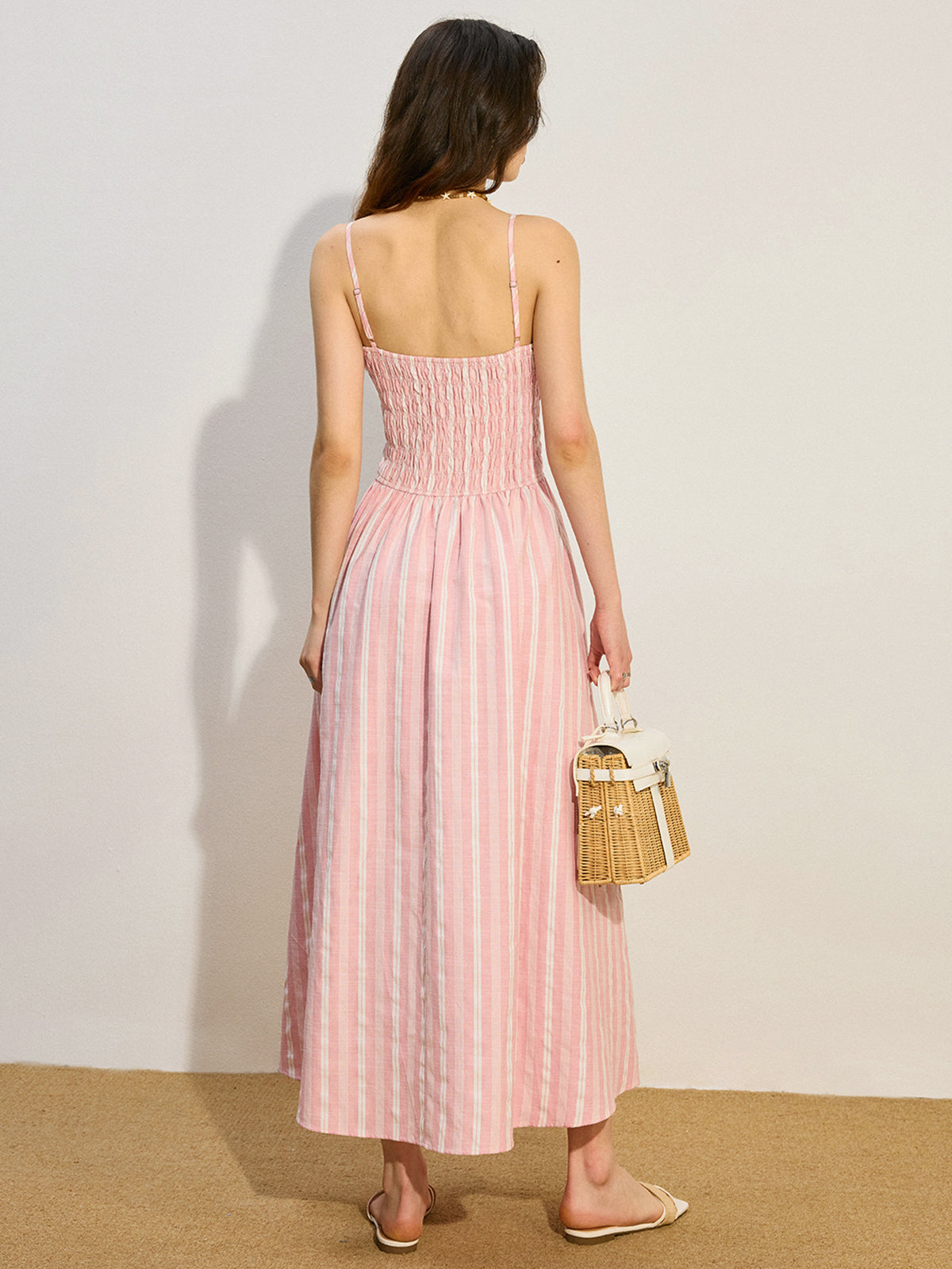 Pocketed Striped Shirred Maxi Dress-Chicvia