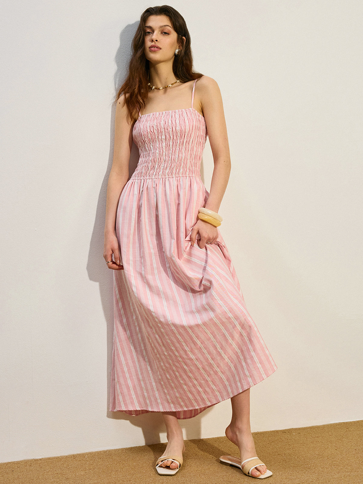Pocketed Striped Shirred Maxi Dress-Chicvia