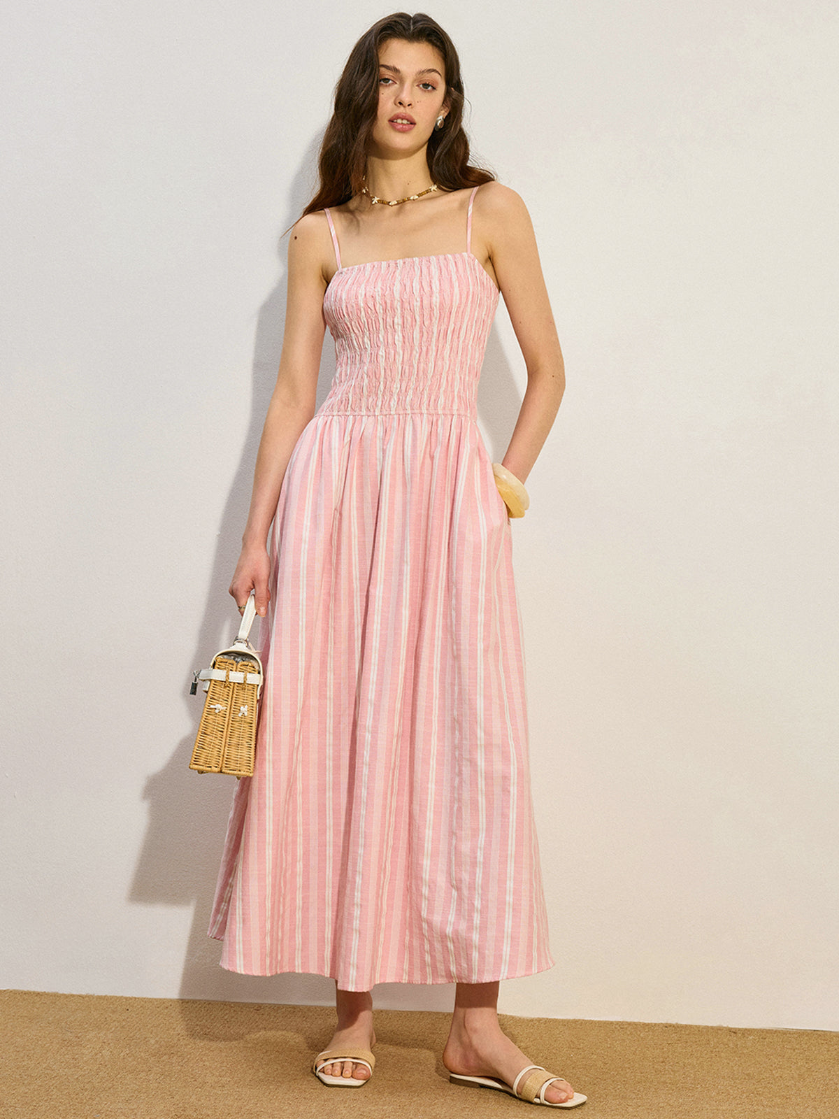Pocketed Striped Shirred Maxi Dress-Chicvia