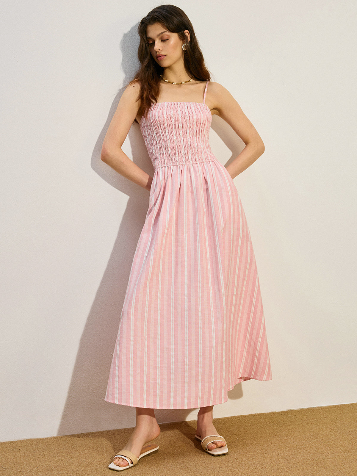Pocketed Striped Shirred Maxi Dress-Chicvia