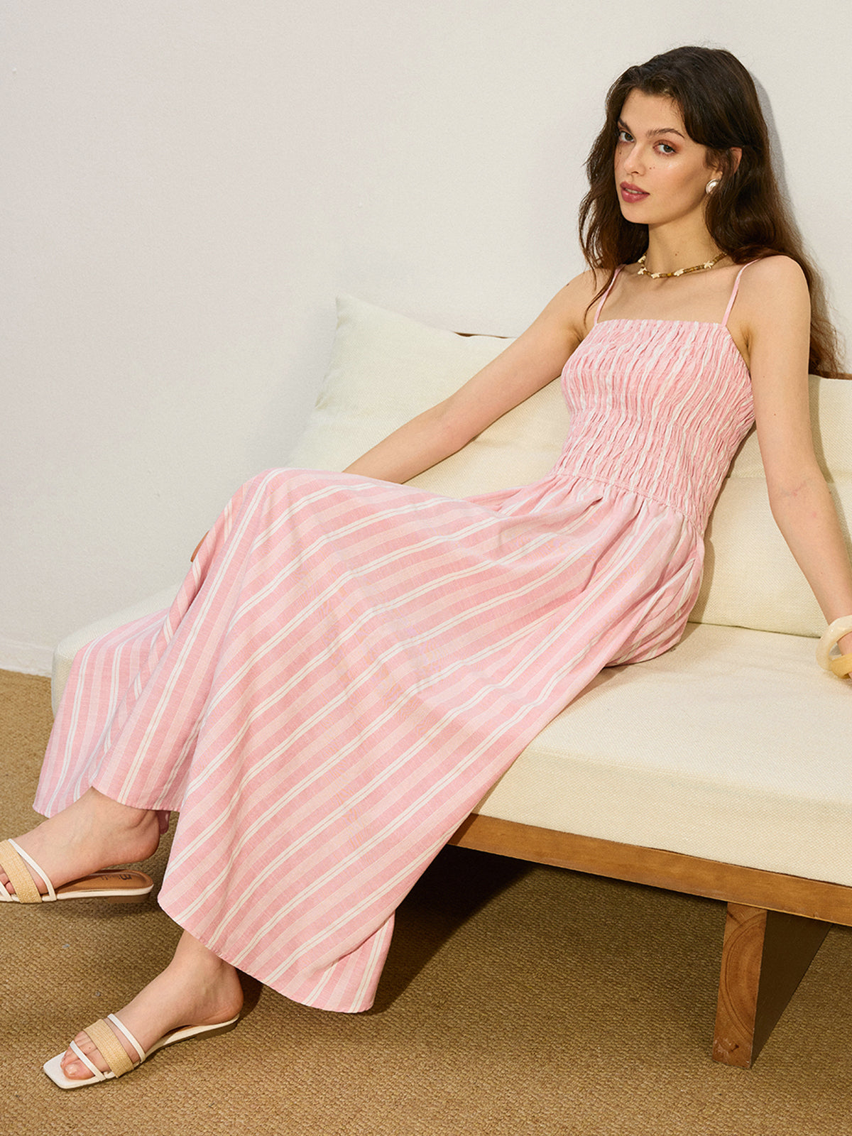 Pocketed Striped Shirred Maxi Dress-Chicvia