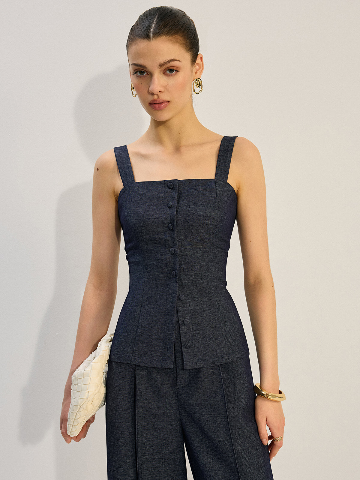 Button-Front Denim Vest Top-Chicvia