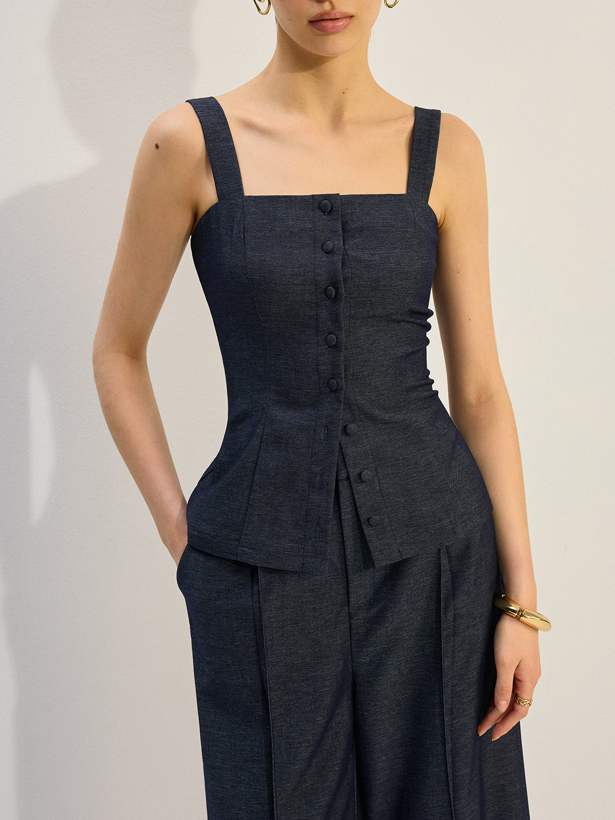 Button-Front Denim Vest Top-Chicvia