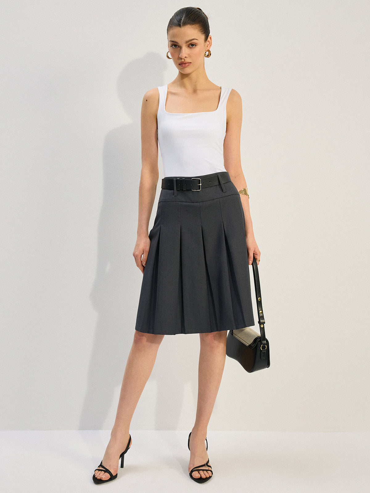 Belted Pleated Skirt-Chicvia