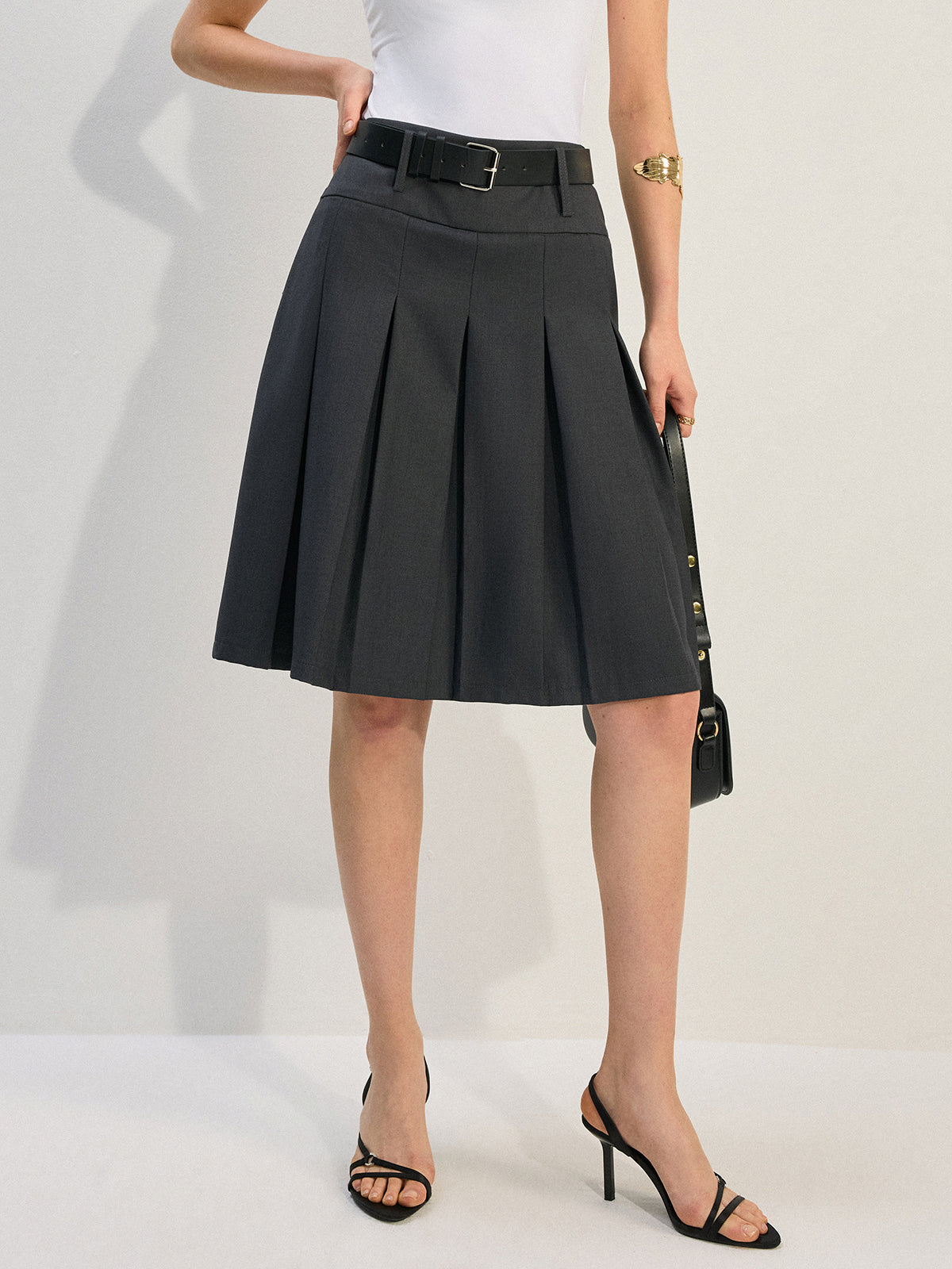 Belted Pleated Skirt-Chicvia